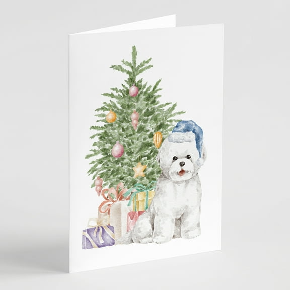 Carolines Treasures CK8252GCA7P Bichon Frise Blue Hat Christmas Presents and Tree Greeting Cards and Envelopes Pack of 8