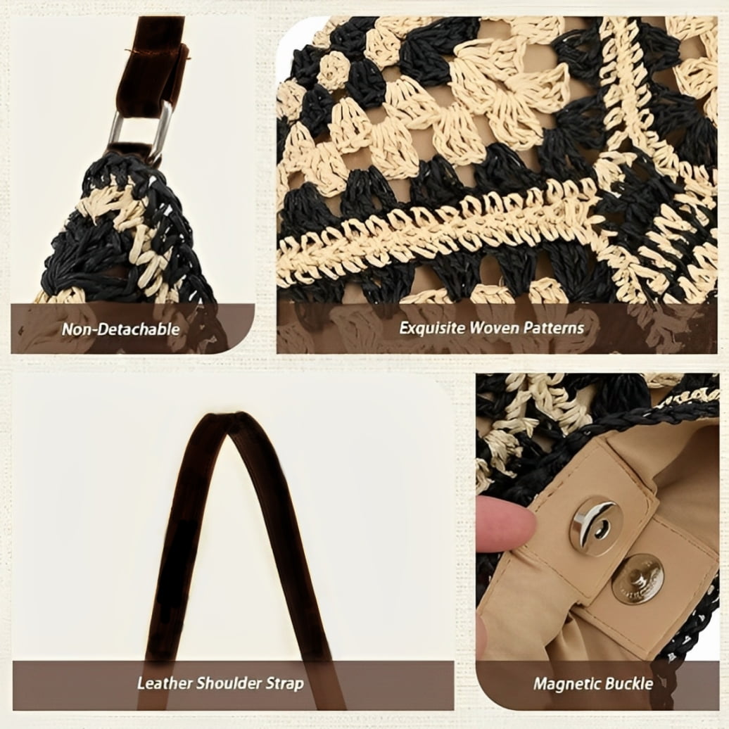 Women Woven Beach Bag Handbag Large Casual Straw Shoulder Bags Travel Straw Buckets(Black)