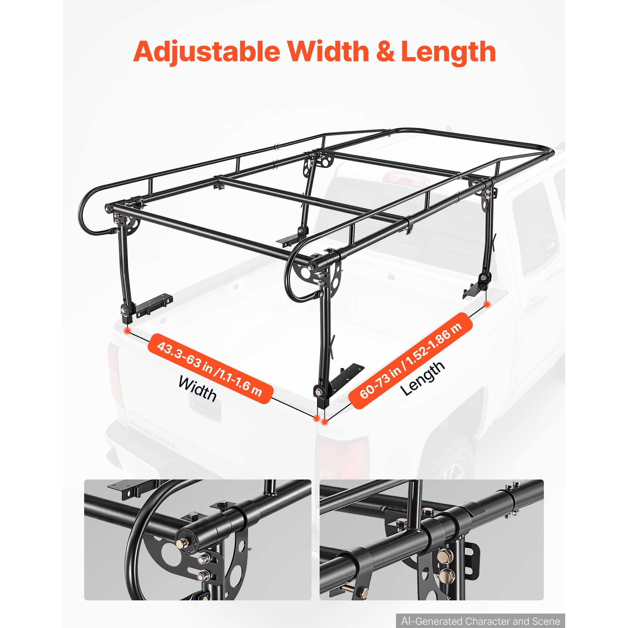 KFFKFF Universal Truck Ladder Rack with 800 lbs Load Capacity, Adjustable Width for Kayaks, Surfboards, and Lumber,Compatible with Short and Long-Bed Trucks,Non-Drilling/Drilling Installation Options
