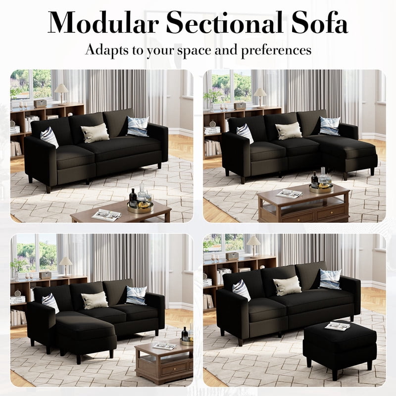 Walsunny 73.6" Convertible Sectional Sofa Couch, L-Shaped 3-Seat Sofa Couch with Reversible Chaise for Small Space,Black
