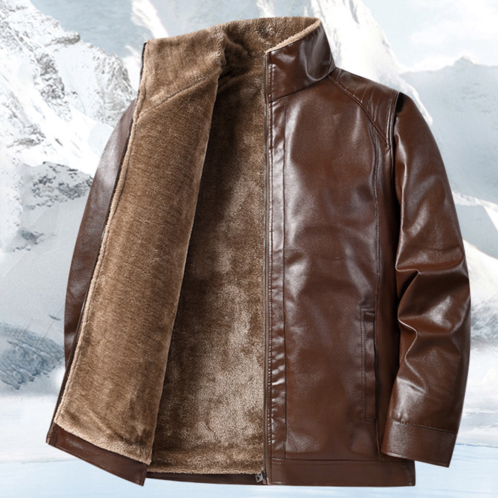 KeShDi Mens Leather Jacket Men's Solid Color Thick Warm Long Sleeved Stand Up Collar Zipper Cardigan Jacket Coffee 3X