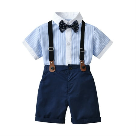 

Summer Savings Clearance! SHENGXINY Kids Clothes Boys Gentlemen Outfits Summer Short Sleeve Top Bib Shorts Tie 4 Piece Set Boys Outfit Set 2-9 Years
