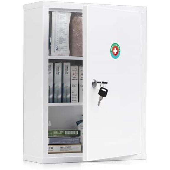 Wall Mount Locking Medicine Cabinet, Large Capacity First Aid Cabinet for Bathroom, Medicine Cabinet with Key, Secure Steel Lock Box for Medication, 15.75" H x 11.82" W x 4.72" D, White