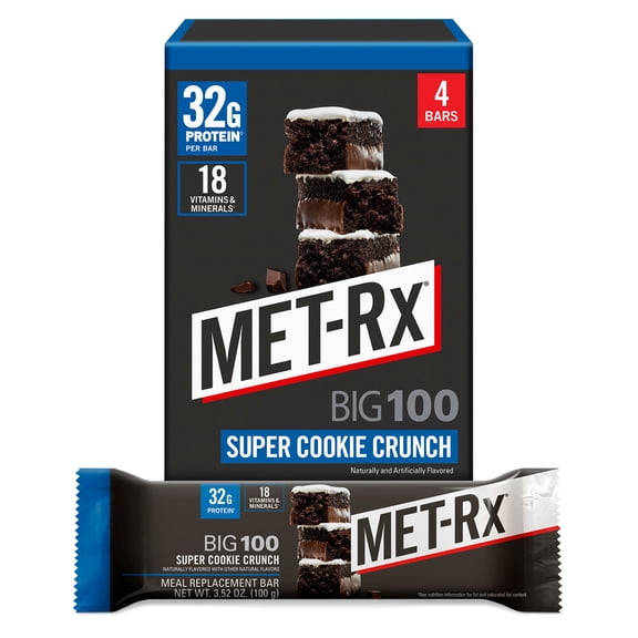 MET-Rx Big 100 High Protein Meal Replacement Bars, Super Cookie Crunch, 32g Protein, 3.52 oz, 4 Count