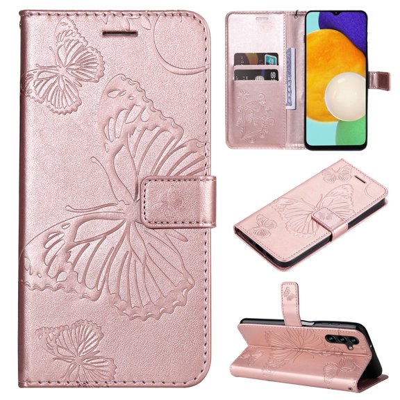 Galaxy S23 FE Wallet Case, Big Butterfly Design Luxury PU Leather Flip Folio Stand Cards Slots Hand Wrist Shockproof Phone Case for Samsung Galaxy S23 FE - Rosegold