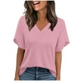 thumbnail image 2 of Summer Tops Plus Size Sawvnm Women's Fashionable Casual V-neck Solid Color Ruffle Short Sleeved T-shirt Top Tops for Women Pink M, 2 of 8