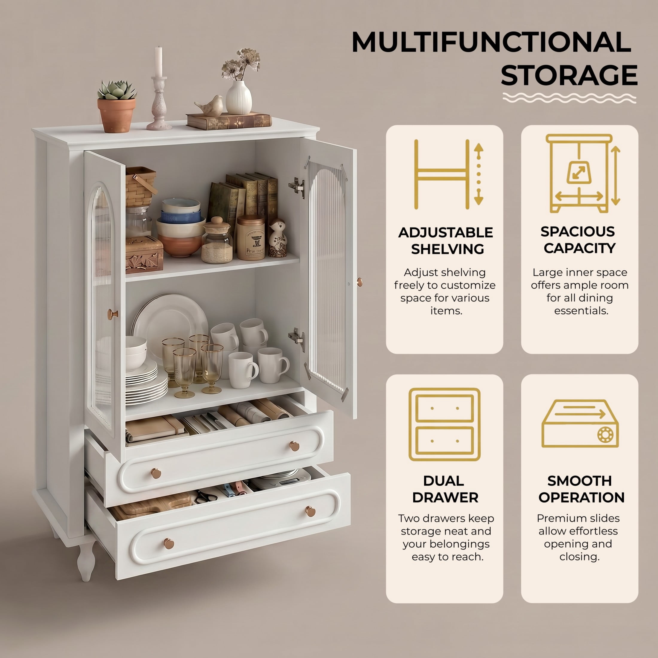 Noble House 46.5" Wooden Glass Display Cabinet with Ribbed Glass Doors, Adjustable Shelf & Storage Drawers, White