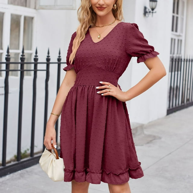 Ovzne Robes d'Été pour Femmes Robe pour Femme Mode Été Décontractée Col en V en Chiffon Manches Courtes Robe Mini Unie Robe de Printemps Manches Courtes en Liquidation