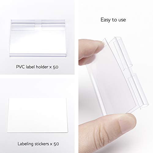 50pcs Clear Plastic Label Holder Price Tag, Wire Shelf Label Clip Removable Label Holder for Storage Bins Basket Labels Display Sign Card Holders with ...