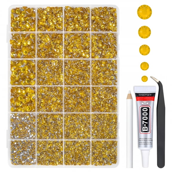 DESIGNICE Golden Yellow Crystal Resin Rhinestones with Glue for Bedazzling Crafting Flatback Stones 2Mm-6Mm Diamonds Crystals Gems Bedazzler Kit for Nails Face Eyes Makeup Tumblers Bottles Diy Crafts