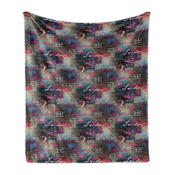 London Soft Flannel Fleece Blanket, Grungy Newspaper Page Style Collage Lipstick Kiss Marks Coffee Flag Telephone Booth, Cozy Plush for Indoor and Outdoor Use, 70" x 90", Multicolor, by Ambesonne