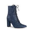 thumbnail image 1 of BLISSFUL STEP Women's Pointy Toe Block Heel Glitter Ankle Boots Navy Blue 9, 1 of 6