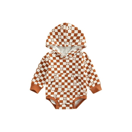 

hirigin Baby Romper Plaid Floral Print Long Sleeve Hooded Design Pocket Decoration Bottom Snap Button Cute Jumpsuit