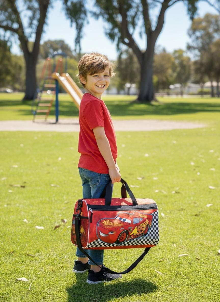 Disney Pixar Cars Kids Duffle Bag  Lightning McQueen Travel Gym Bag with Adjustable Strap, Mesh Side Pockets & Zipper Pocket