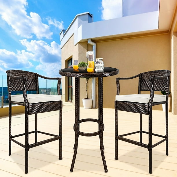 High Bar Stools Set Of 3 Btmway Pe Wicker Patio Chairs Outdoor Conversation Furniture Counter Height With Back W Side Table Beige A2757 Counter Height Outdoor Bar Stools, Outdoor Counter Height Bar Stools And Table