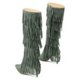thumbnail image 3 of YDN Women Layer Tassel Pointed Toe Moccasin Boots Knee High Stiletto Mid Heels Western Themed Party Dress Shoes Size 5 Celadon, 3 of 5