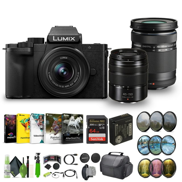 Panasonic Lumix G100D Appareil Photo Sans Miroir 4K pour Vlog, Trousse Youtube pour Vlog avec Objectif 12-32mm et Objectif g Vario 45-150mm+ M.Zuiko Numérique ED 40-150mm f/4-5.6 R Micro Quatre Tiers + Accessoires pour Vlog