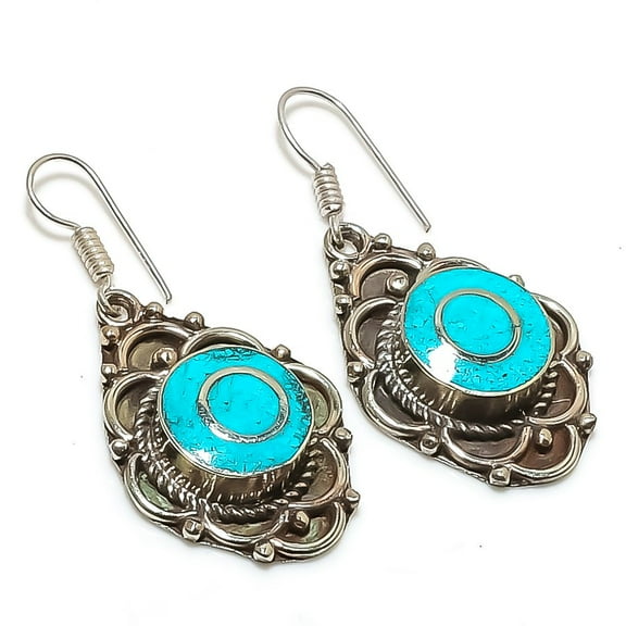 Natural Tibetan Turquoise Gemstone Handmade Jewelry Earring 1.77"