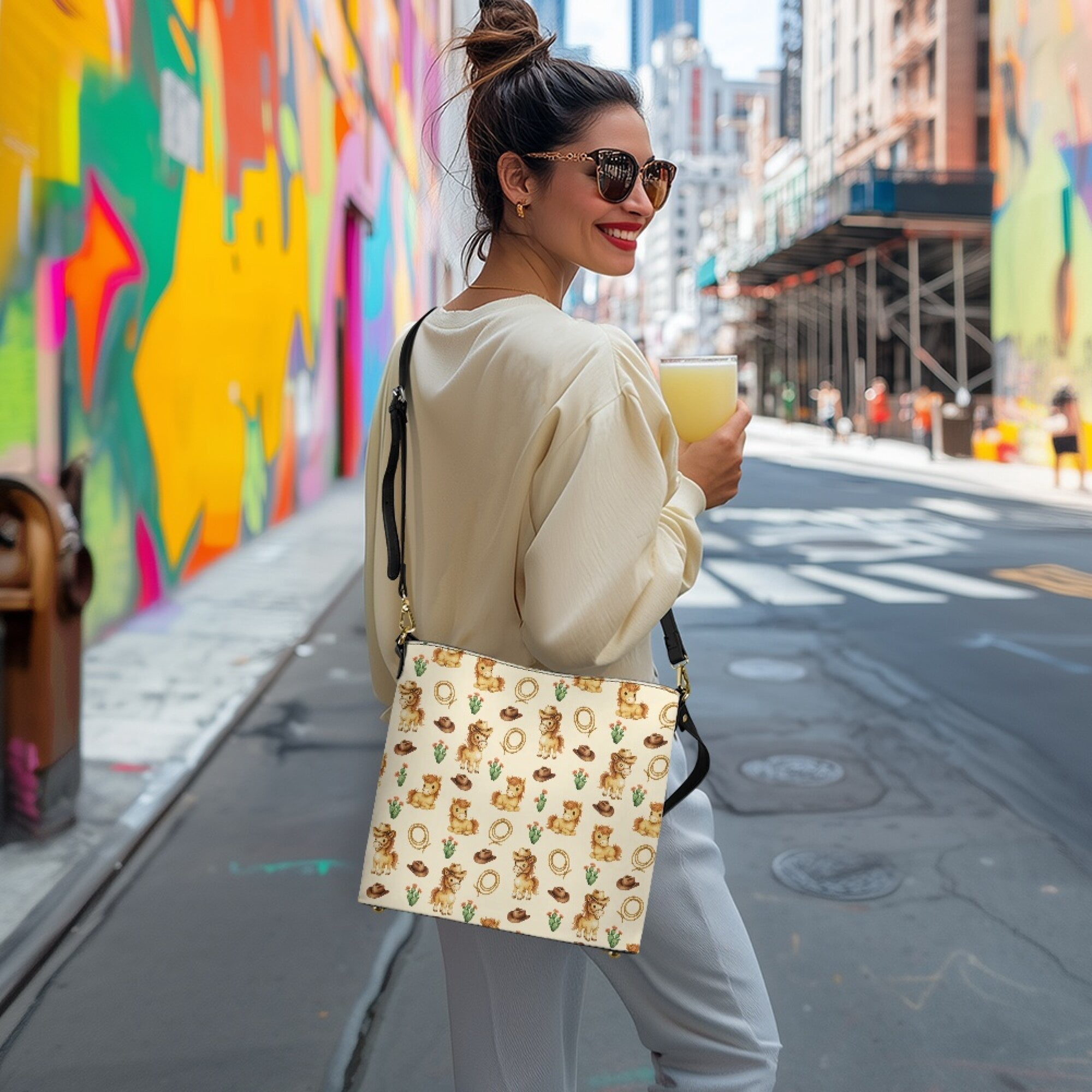 Kuiaobaty Cowboy Horse Print Bucket Crossbody Bag for Women, Cactus Print Leather Hobo Purse with Adjustable Strap, Waterproof Shoulder Handbag Crossbody for Travel & Shopping, Beige