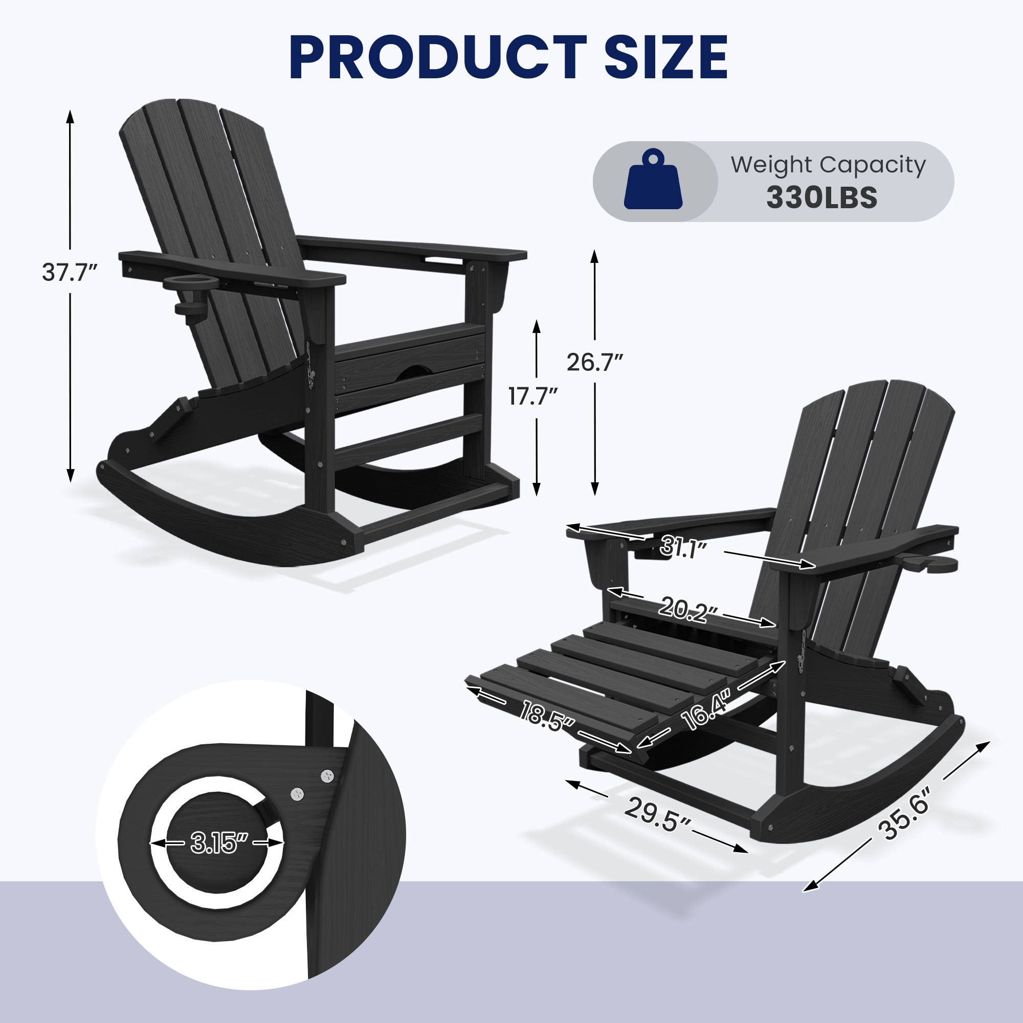 KINGYES Adirondack Rocking Chair Set of 2 with Retractable Ottoman and Cup Holders, HDPE Adirondack Rocker, Patio Rocking Chair for Porch, Patio, Black