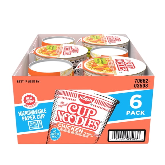 Nissin Foods Cup Noodles Ramen Noodle Soup, Chicken Flavor, 2.25 oz Cup, Shelf-Stable, 6 Pack