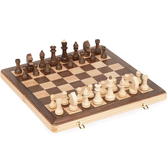 Wooden Chess Set 15” Wooden Folding Chess Set W/ 3" Kh Staunton Chess Pieces- Walnut & Maple Inlay Board | 2 Extra Queens | Locking Clasps