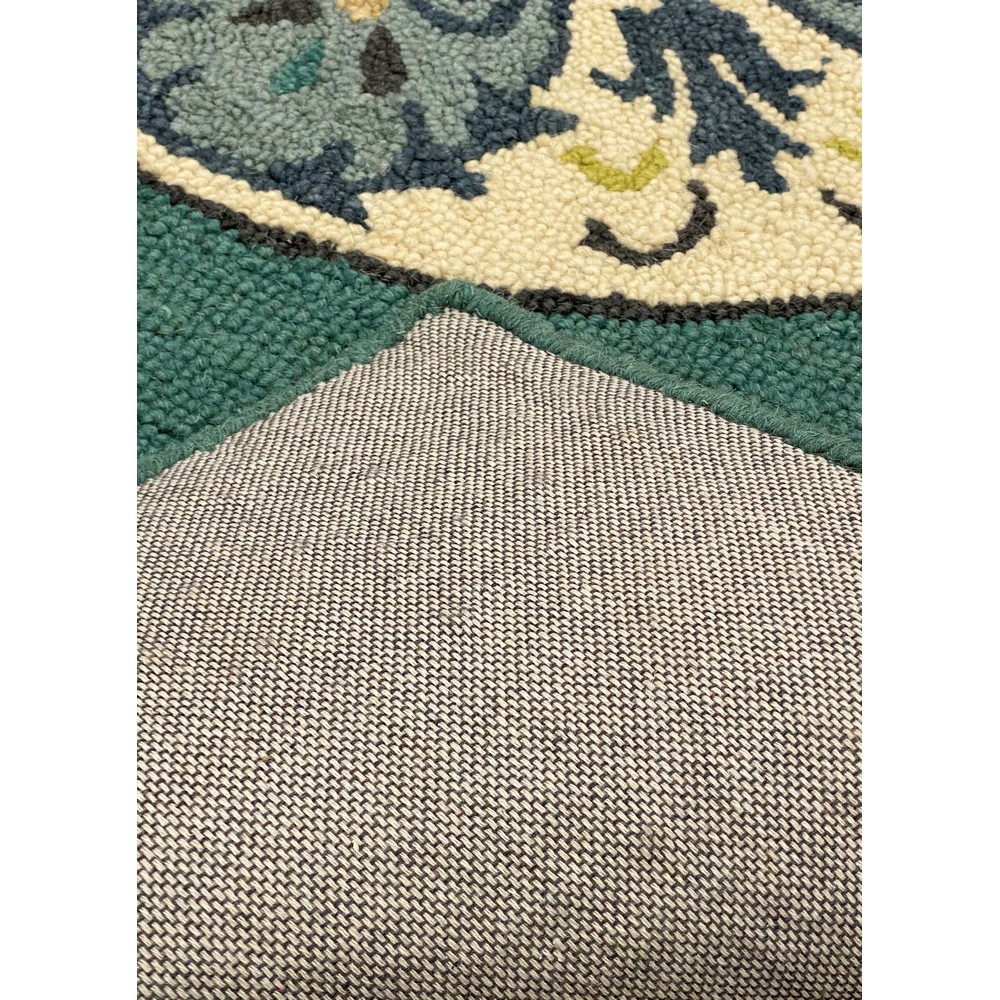 LR Home Hand Hooked 3 ft. x 5 ft. Teal and Cream Floral Bordered Medallion Wool Area Rug