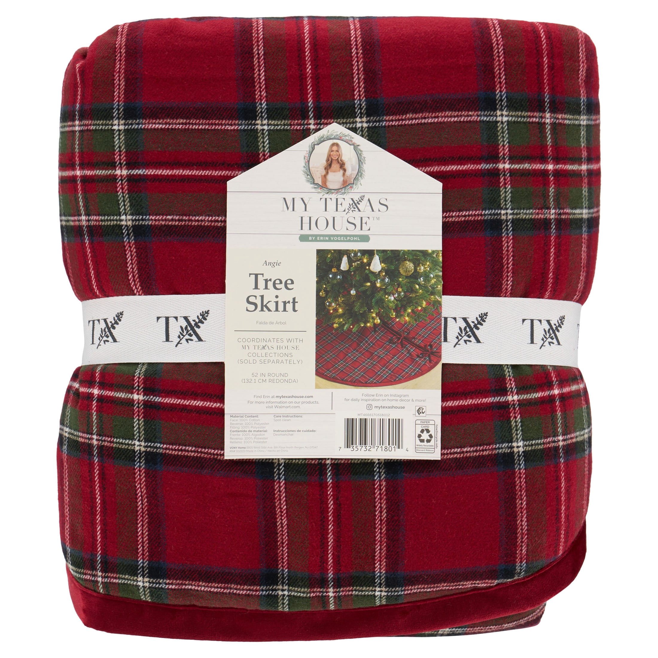 My Texas House Angie Plaid Christmas Tree Skirt, Red, 52"