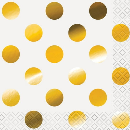 Golf Napkins - Foil Polka Dot Paper Beverage Napkins, Gold, 16ct