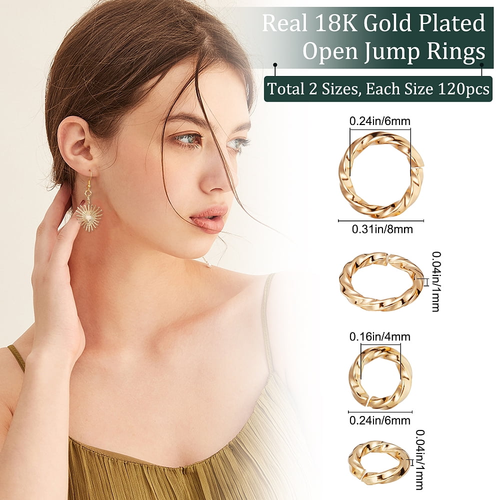 240pcs 2 styles Brass Open Jump Rings Long-Lasting Plated Twisted Round Real 18K golden Plated 18 Gauge 6-8x1mm Inner Diameter: 4-6mm 120pcs/style