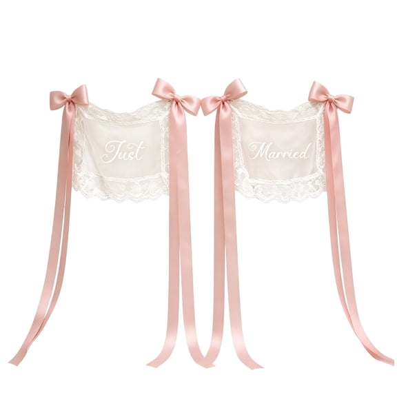 Just Married Wedding Chair Signs Set of 2, Sheer Lace Chair Back Decor with Ribbons for Bride Groom, Rustic Wedding Reception Ceremony Chair Covers Decorations