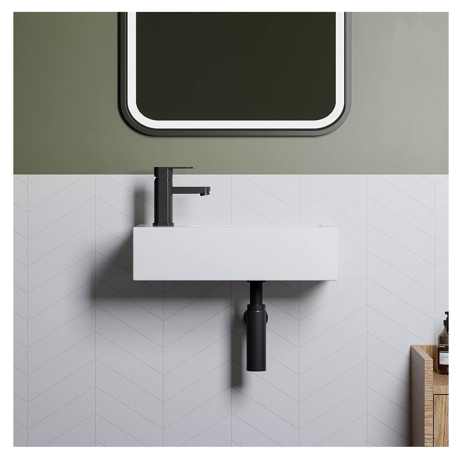 Small Bathroom Sink, CodYinFI 18" x10" Wall Mount Sink Rectangle White Porcelain Ceramic Vessel Sink for Tiny Bathrooms (Left Hand)