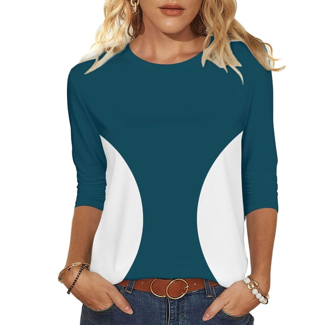 Camisetas de Manga 3/4 para Mujeres Impresas de Cuello Redondo Top de Moda Casual, Mezcla de Poliéster 95% 5% de Spandex para el Hogar Y el Uso Diario
