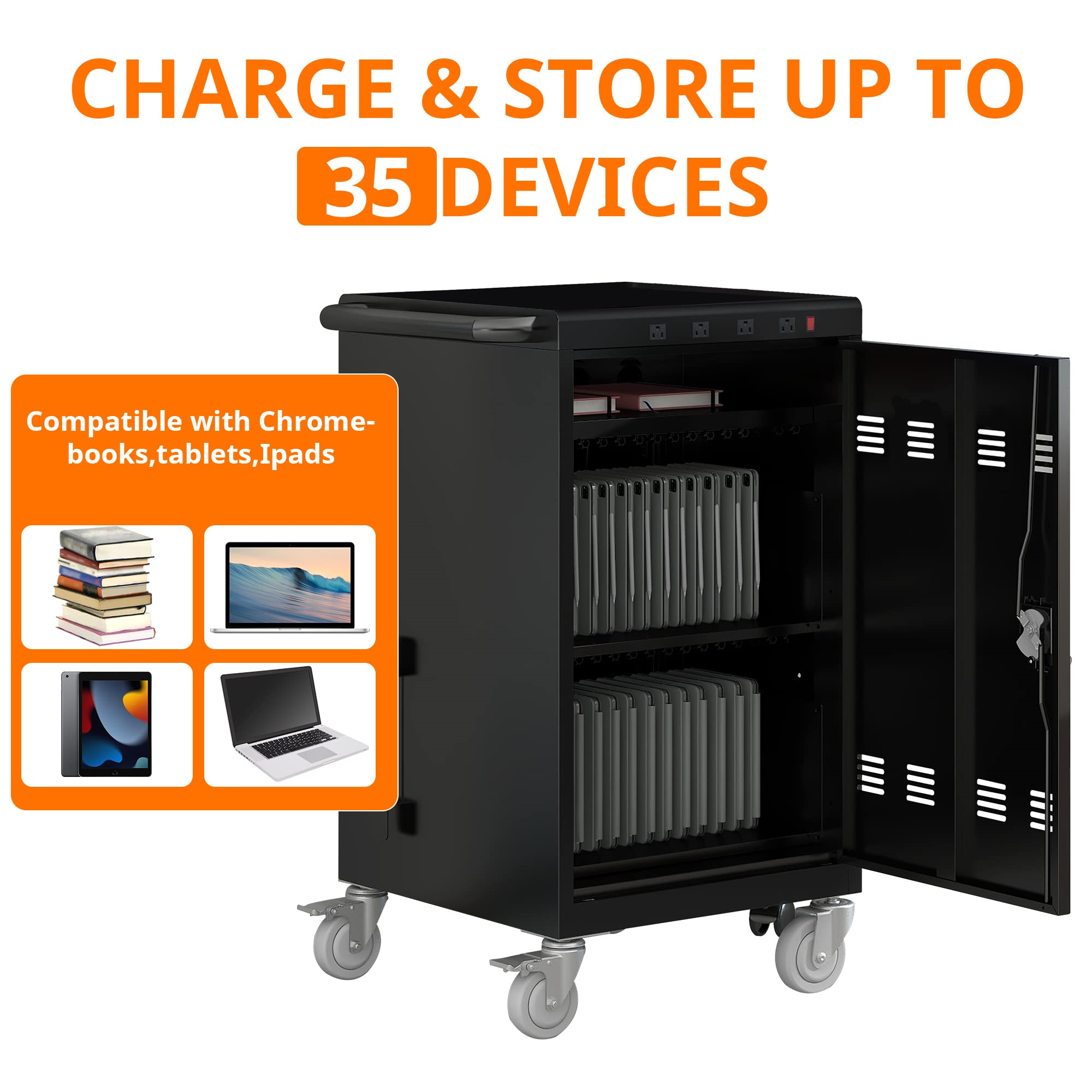 Aukfa 35-Unit Mobile Charging Cart, Classroom Locking Charging Station up to 16-inch Chromebooks and Laptop, Black