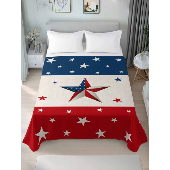 4th of July Full Size Flat Sheet, Wrinkleproof & Fadeproof Cooling Flat Bed Sheet Only, Red White Blue Striped Independence Day Star Breathable Soft Bedding Top Sheets 81 x 96 Inches