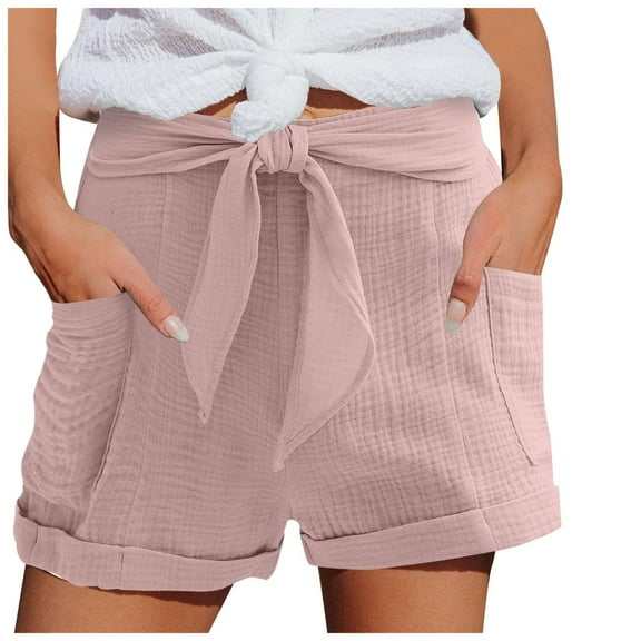Lenpel Women's Casual Shorts Elastic High Waisted Tie Front Pleated Comfy Shorts Summer Beach Vacation Shorts with Pockets