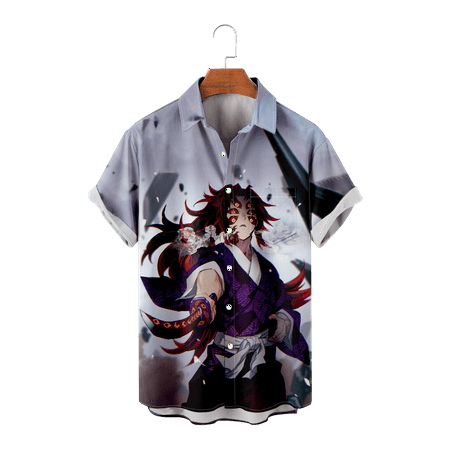 

MLFU Demon Slayer Adult Button Down Short Sleeve Shirt Casual Stylish Breast Pocket Tee Shirts Front-Pocket Costume for Teen and Adult