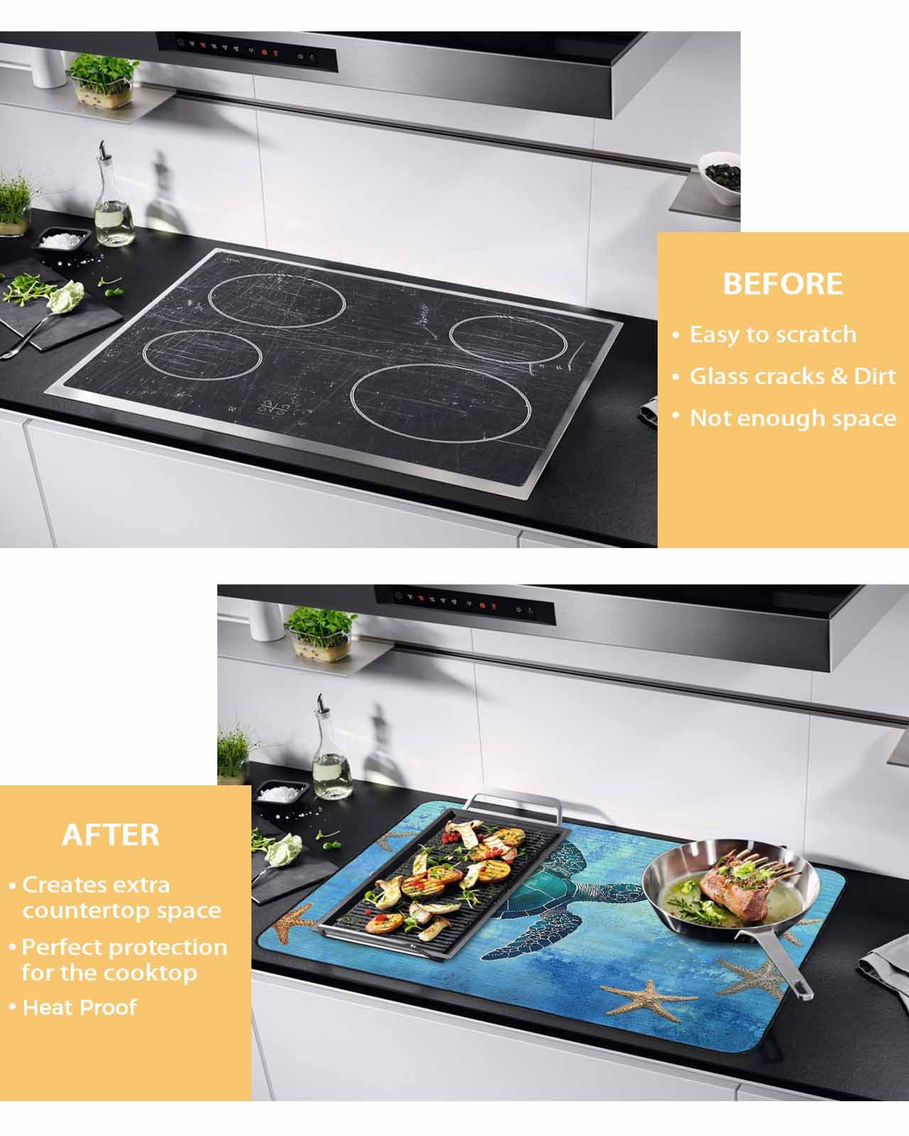 nqOlkjepod Large Induction Cooktop Protector Mat 24"x21", Turtle Stove Top Covers for Electric Stove, Coastal Blue Starfish Ocean Sea Vintage Stove Burner Cover Mats, Glass Top Stove Cover