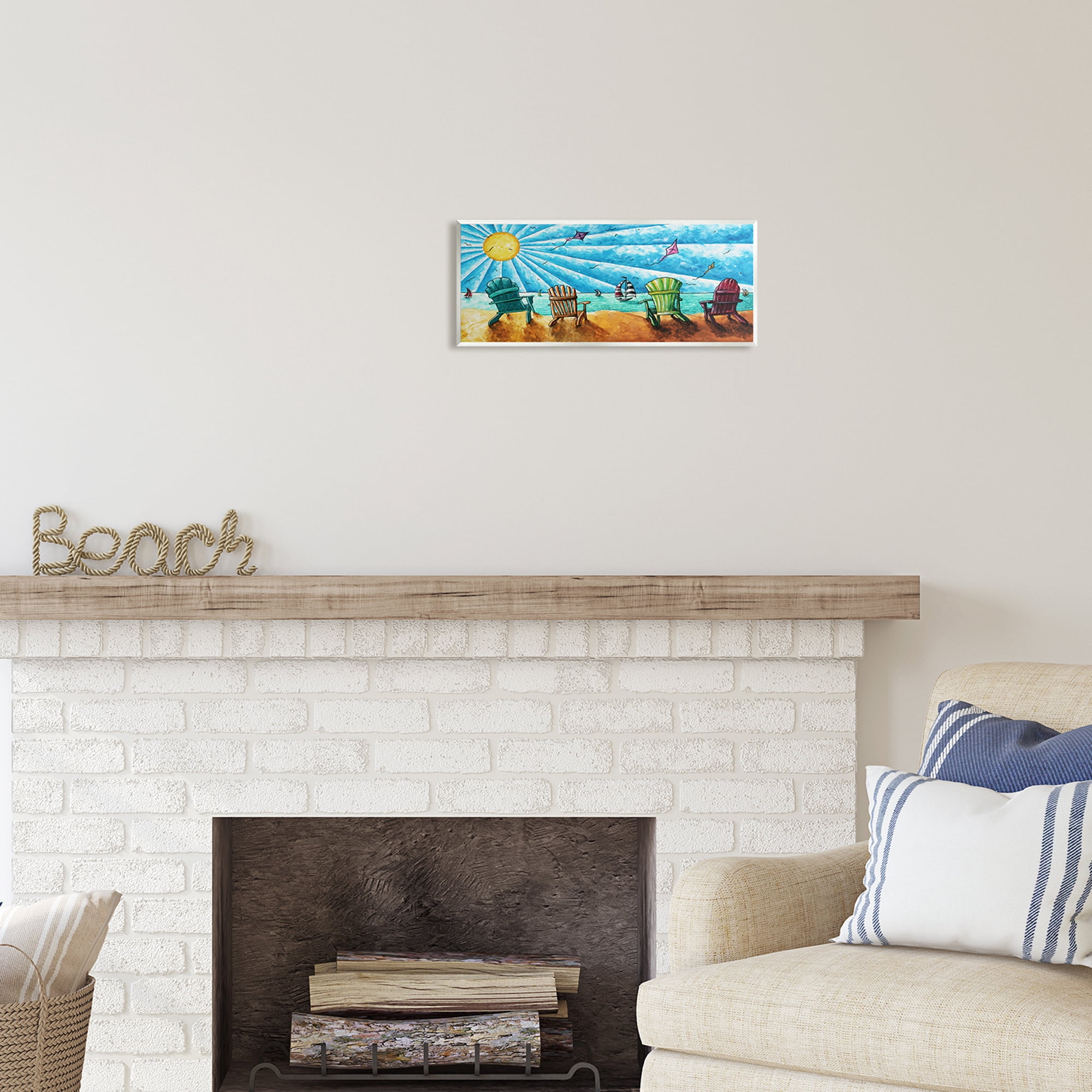 Stupell Industries Kites Flying on Beach Nature Painting Unframed Art Print Wall Art, 17 x 7