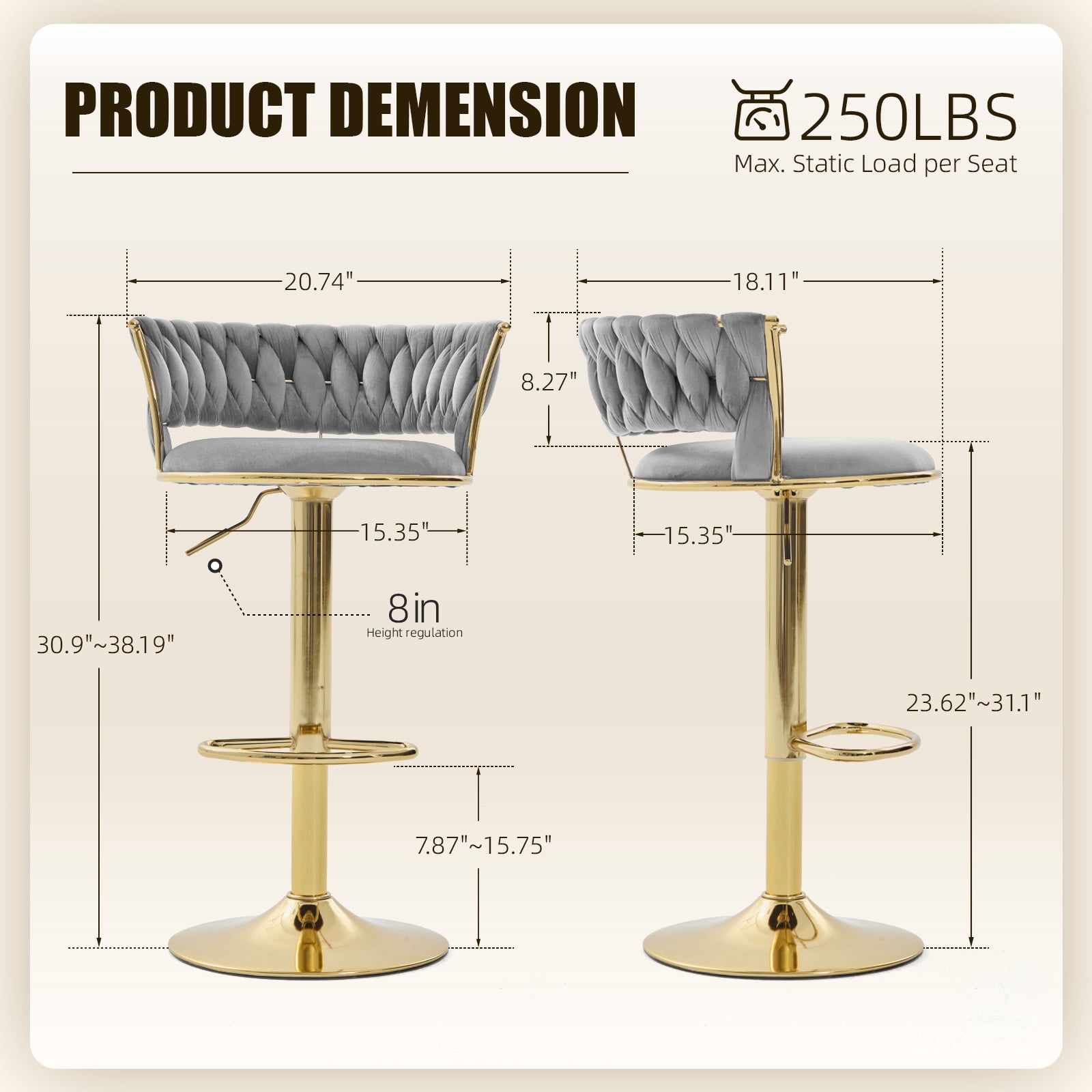 MOONMISS Velvet Upholstered Adjustable Height Swivel Armless Bar Stools with Golden Footrest(set of 2)-Gray