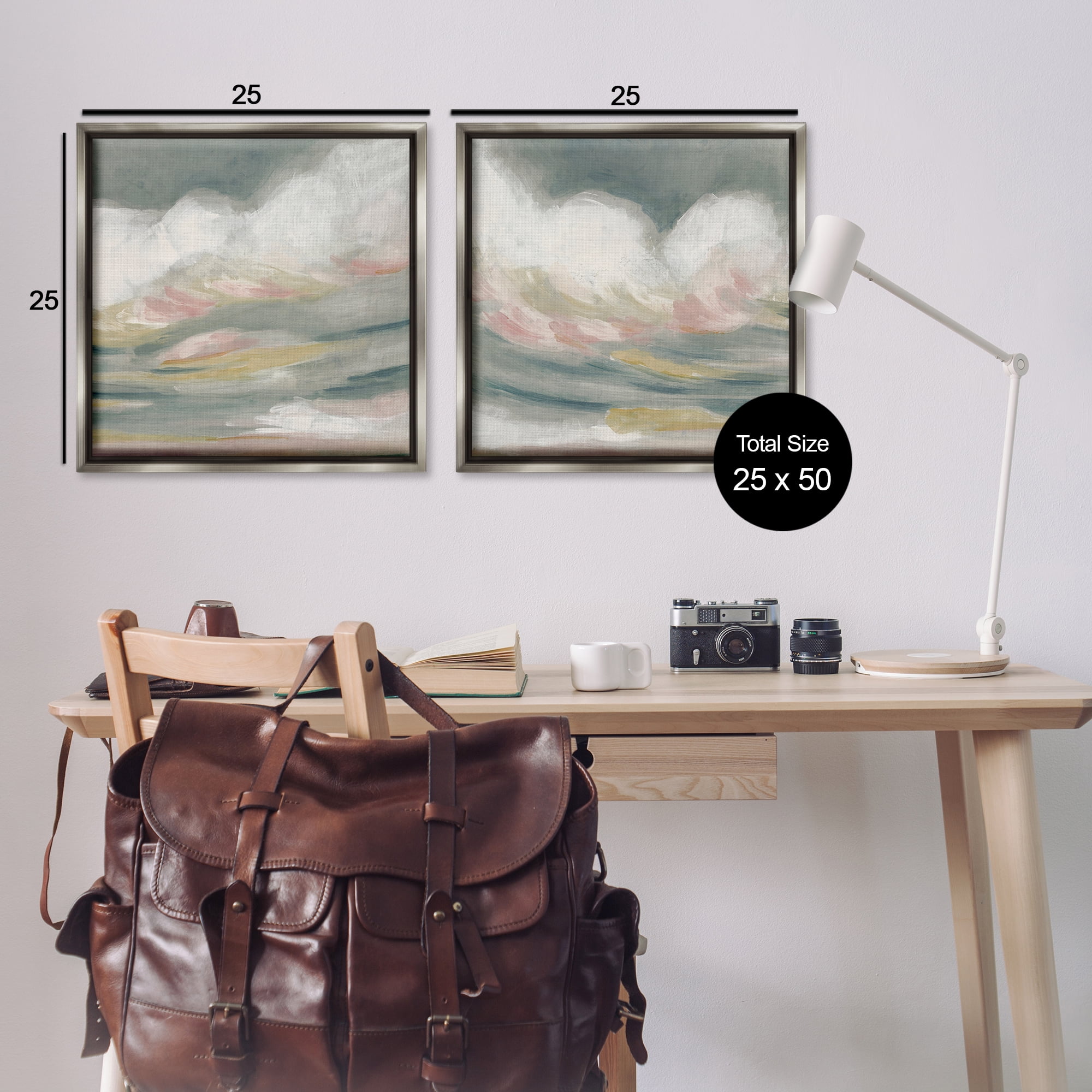 Stupell Industries Wispy Pink Mountains Abstract Painting Gray Floater Framed Canvas Art Print Wall Art, 25 x 25, Set of 2