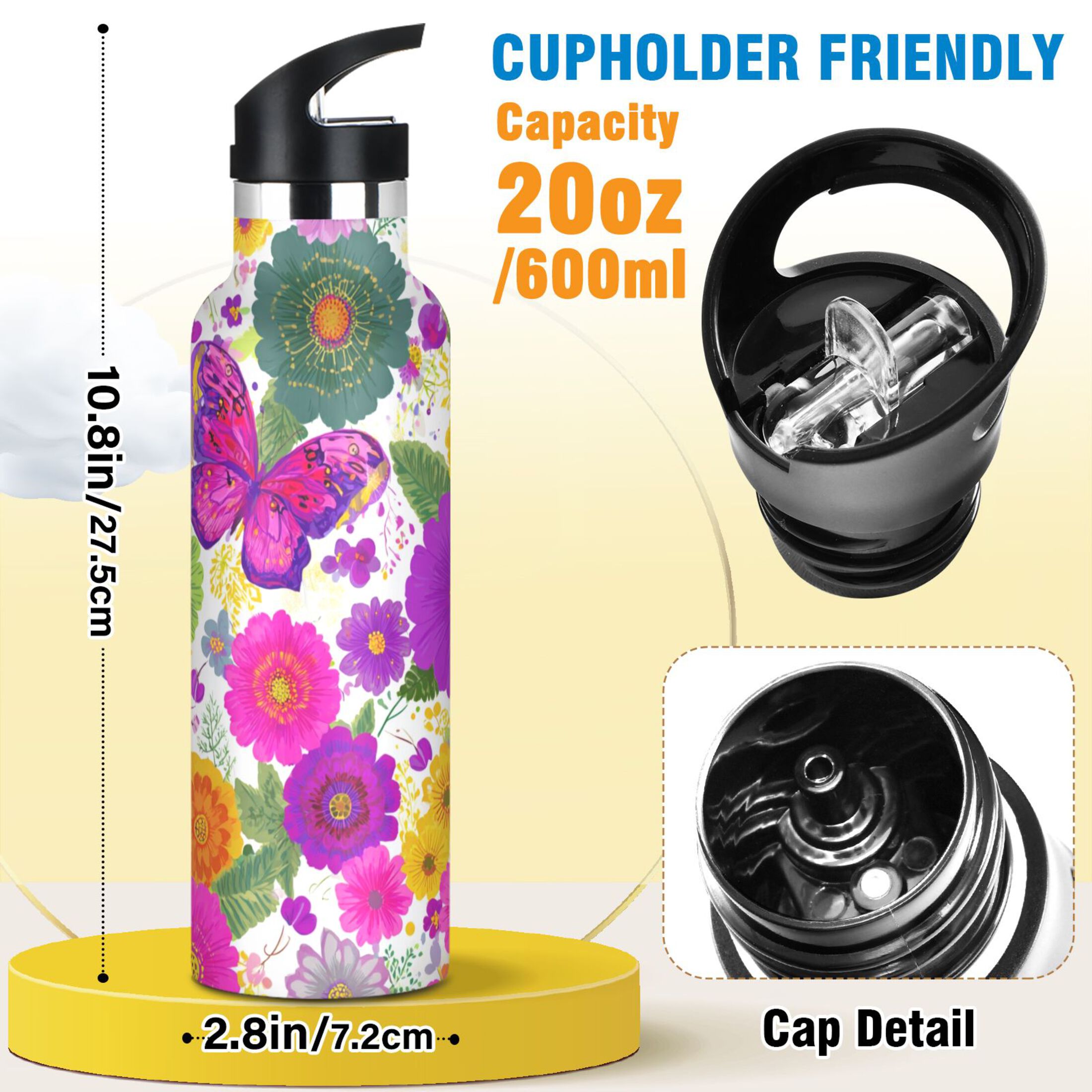 600ML Stainless Steel Insulated Cup Sports Water Bottle Portable Thermos Cup Water Glasses Insulated Tumblers Convenient and Durable Vibrant Butterflies