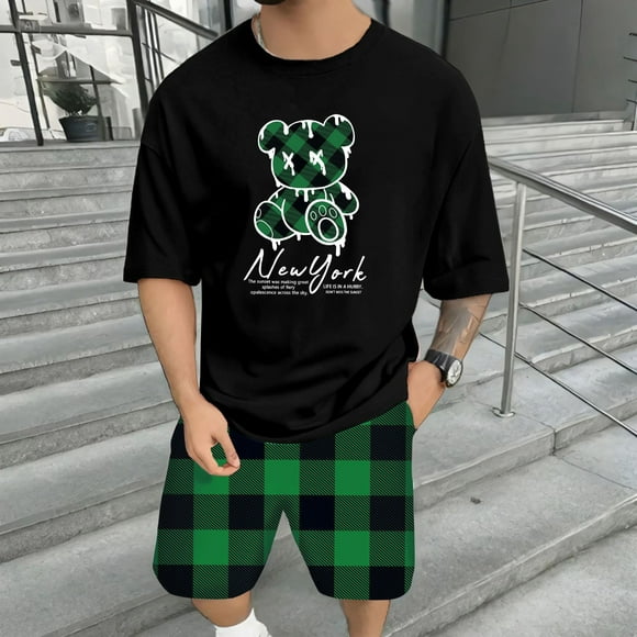 WILLBEST Conjunto de Camiseta y Pantalones Cortos de Verano para Hombre, Informal, con Estampado de Oso, Diseño A Cuadros, para Gimnasio, Deportes y Vacaciones
