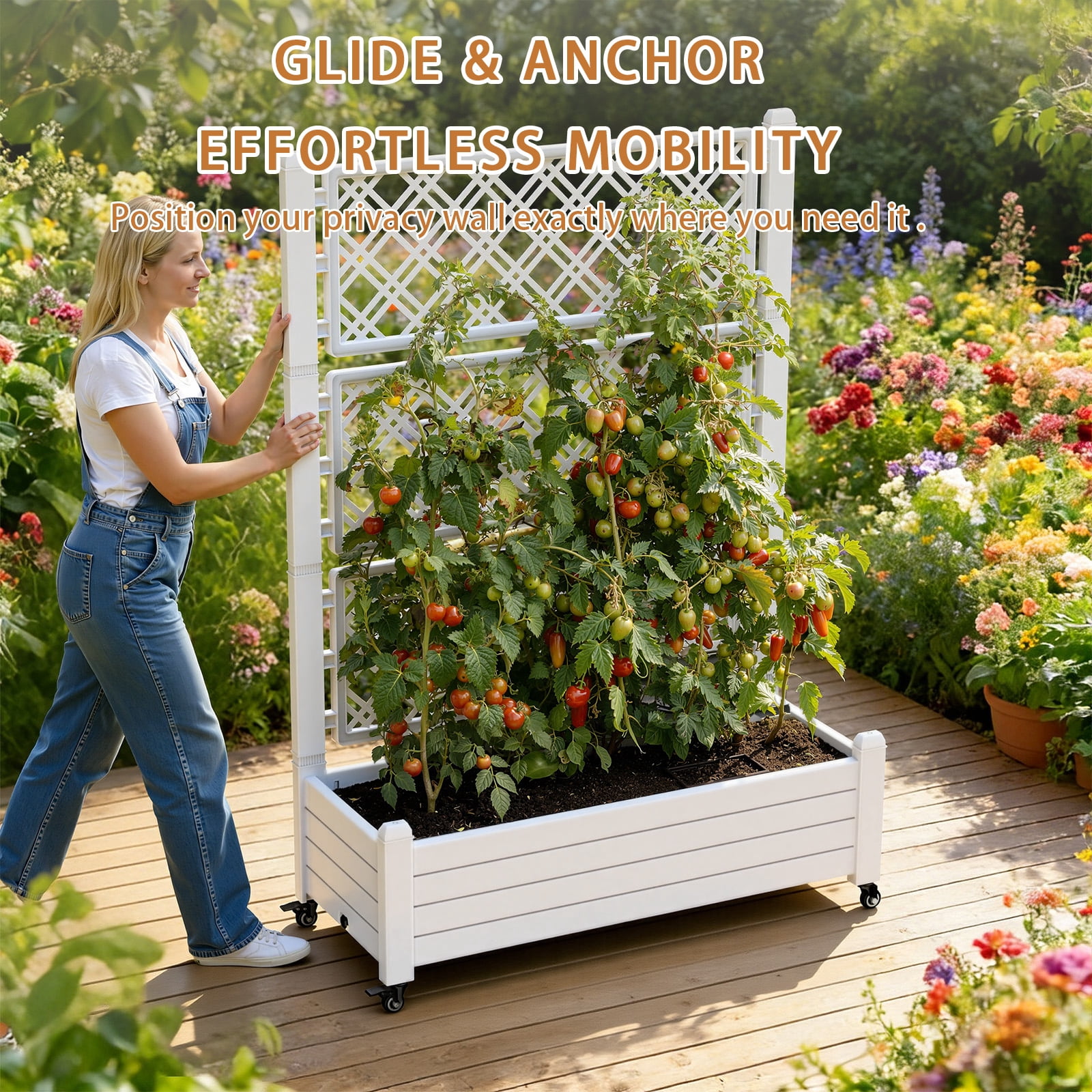 Fazzn Raised Garden Bed with Trellis, Large Outdoor Planter Trellis Box with Drainage Holes and Wheels for Climbing Plants.(Ashen）