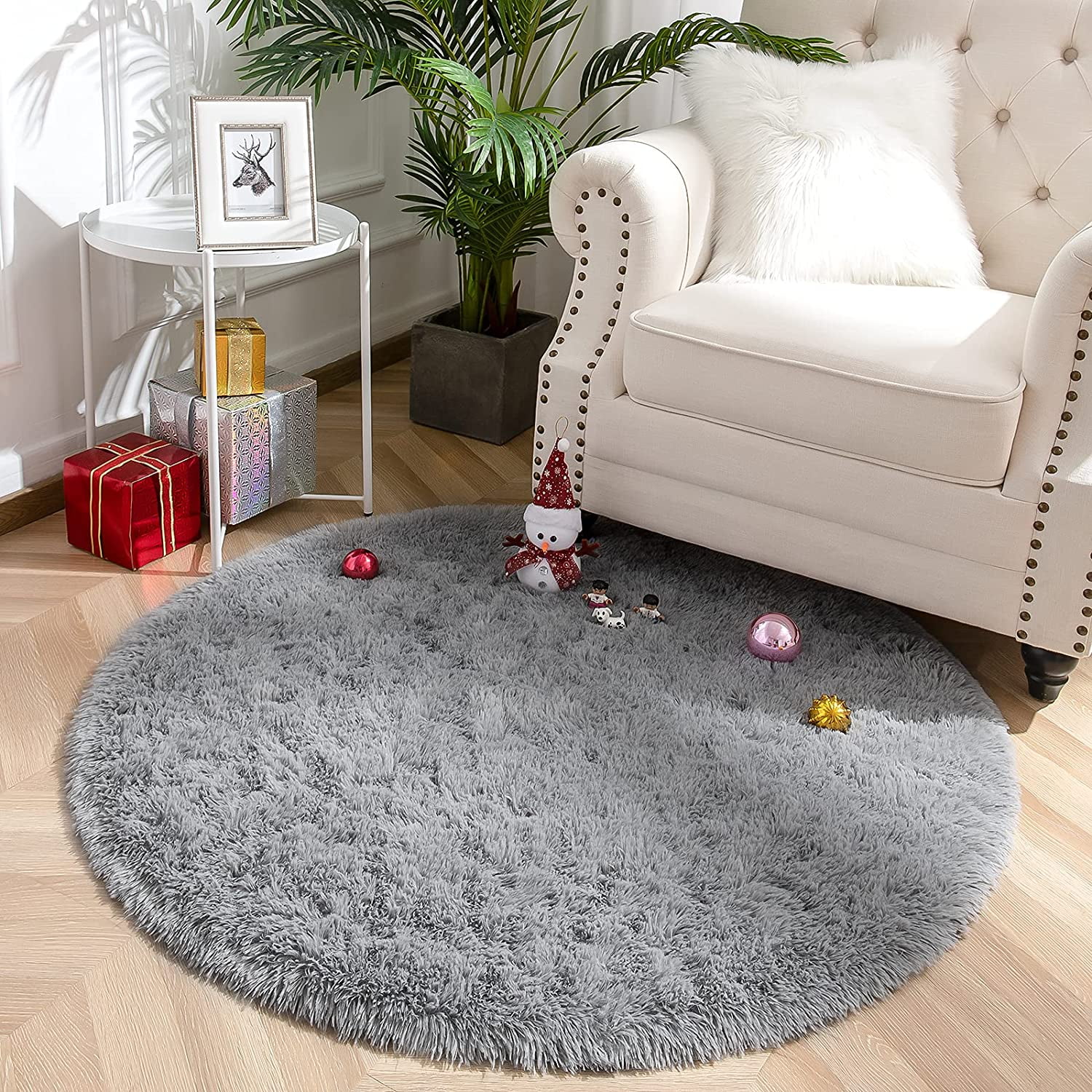 DweIke Round Rug for Bedroom,Soft Shaggy Area Rugs for Living Room Decor,Fluffy Circle Carpets for Nursery,6'x6',Gray
