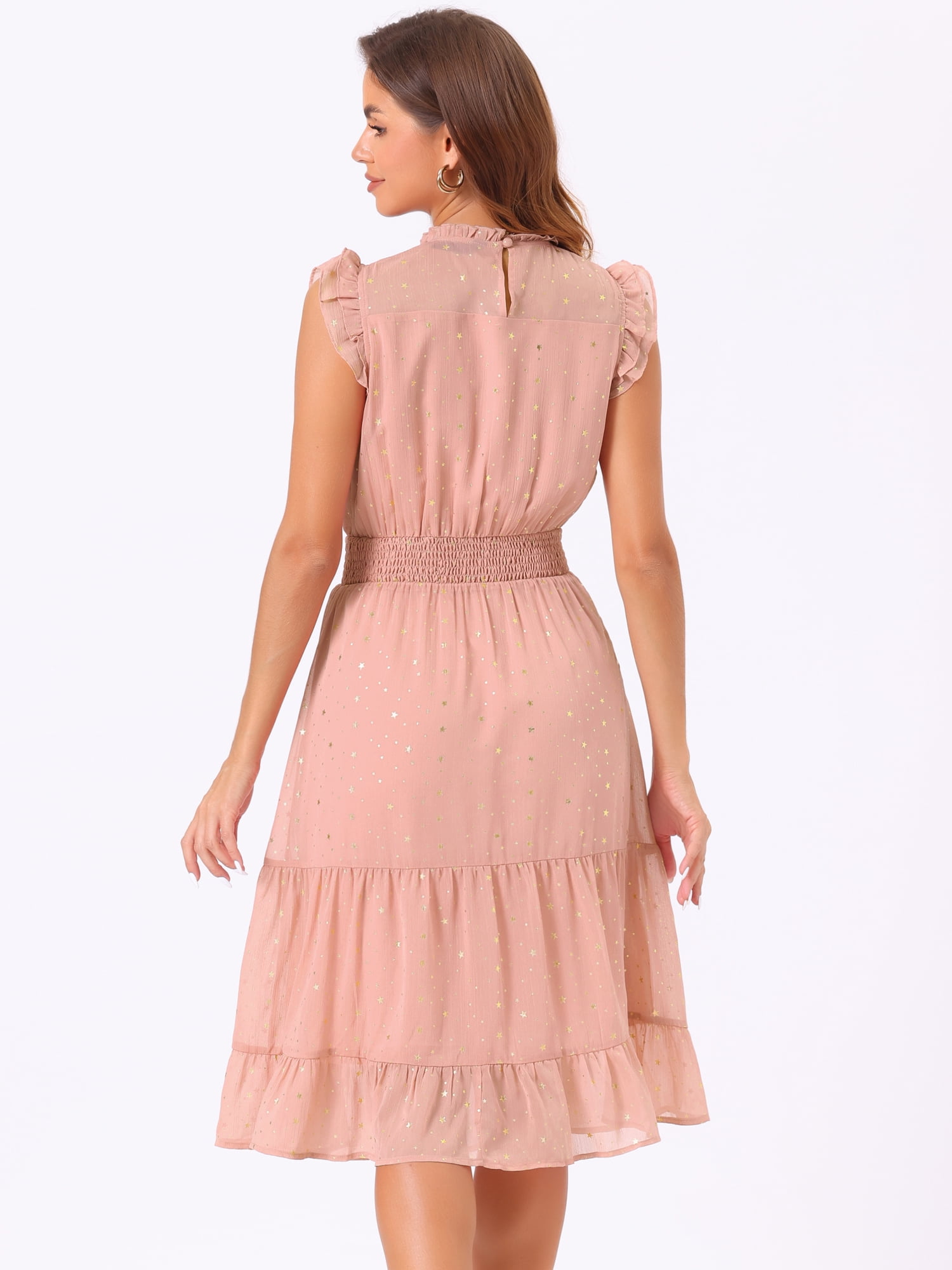 DARING DIVA Smocked Waist Gilding Metallic Stars Chiffon Dress XS Dusty Pink