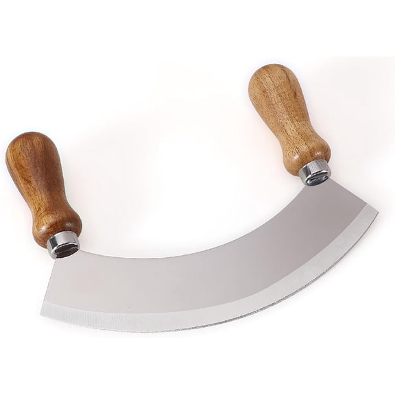 ABCISI 6.8 Inch Stainless Steel Mezzaluna Knife, Salad Rocker Chopper with Double Wood Handle, Pizza Cutter Chopper Knife with Curved Sharp Blade, Mincing Knife for Fruit Vegetable Herbs Nuts(Silver)