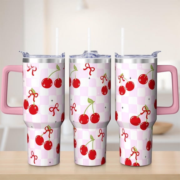 Cherry tumbler 40 oz tumbler with handle and straw 304 stainless steel travel cup coffee mug water bottle suitable as a gifts for women mom gifts gift for cherry lovers