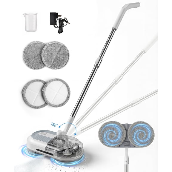 FVSA Cordless Electric Mop, Self Propelled Spin Mop for Floor Cleaning with Water Spray and LED Light, Adjustable Handle, 60 Min Runtime