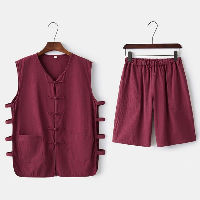 RWJDXD WUJS Chinese Style B25 Vest 2023 Summer New Men‘s Linen Short Sleeve Shorts Buckle Solid Color Hanfu Suit Batch LZDXD
